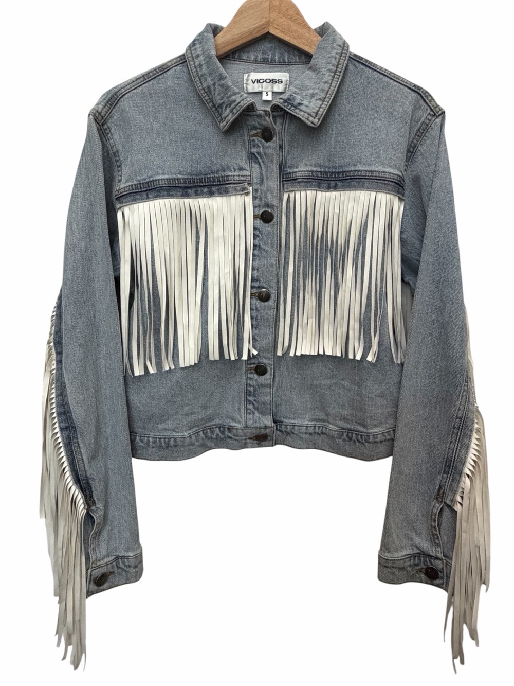 Vigoss Women S Blue Denim Crop Jacket White Fringe Button Long Slv City Cowgirl